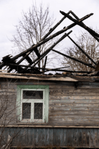 A roof damaged by a storm