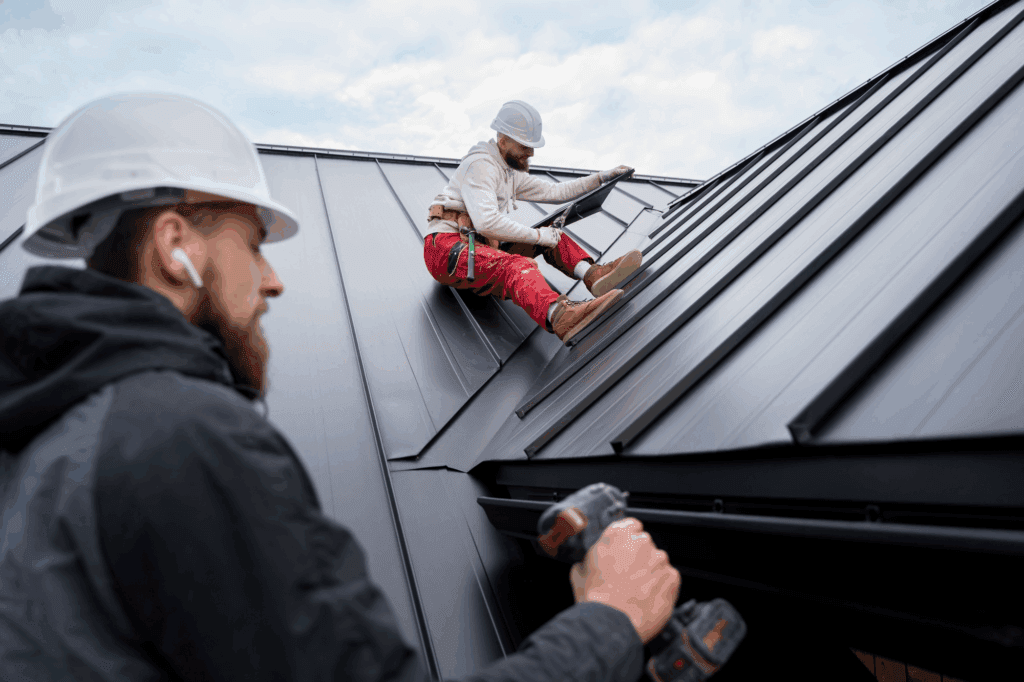 two roofing contractors at work