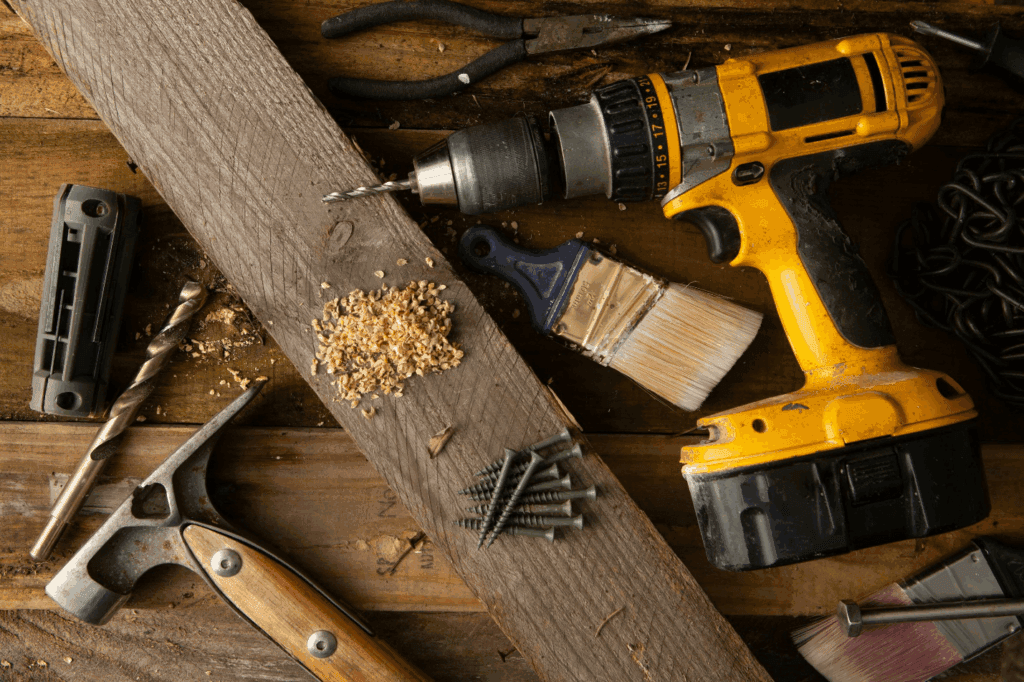 Collection of tools used by commercial roofers during routine roof maintenance and inspections.
