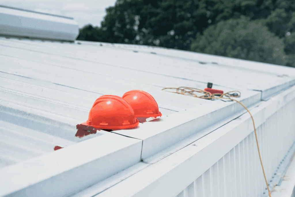 Red safety helmet placed on a gray metal roof during commercial installation.