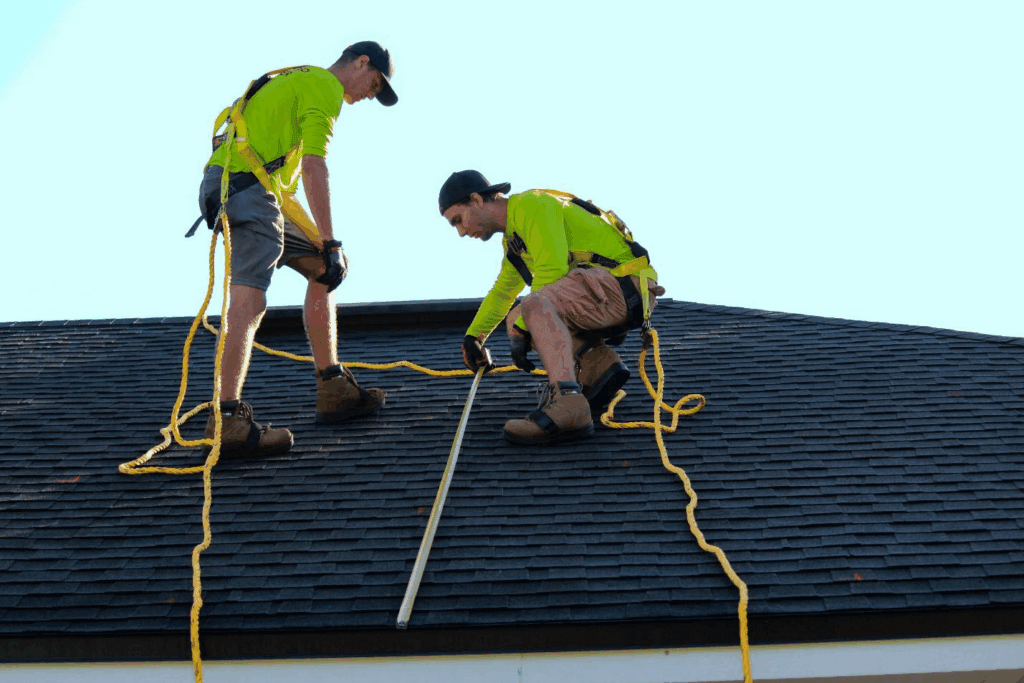 Two workers measuring a roof