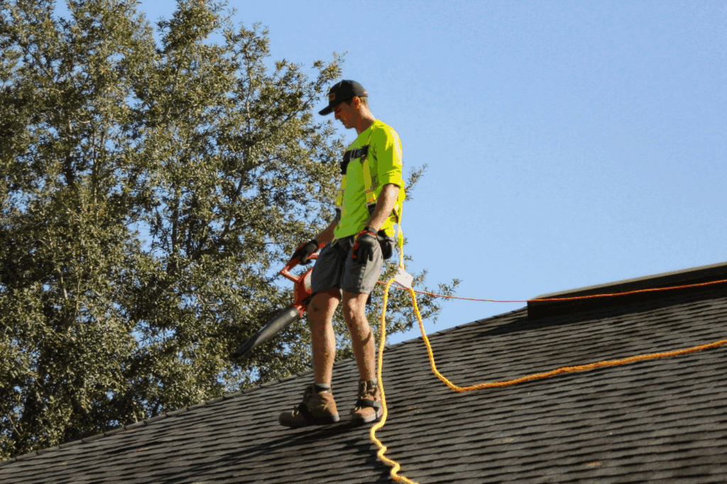 Roofer performing maintenance on a commercial roof under clear daylight.