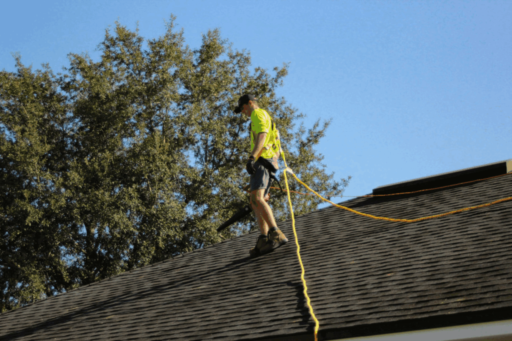 Roofer working on a roof as part of regular roof maintenance plans in Georgia.
