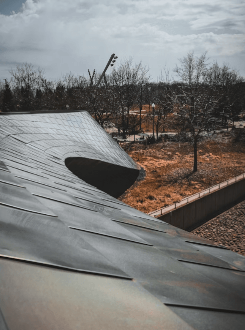 This image shows a modern grey metallic roof.