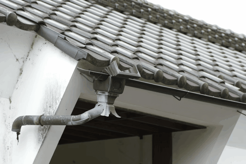 This image shows a roof with a pipe sticking out of it.