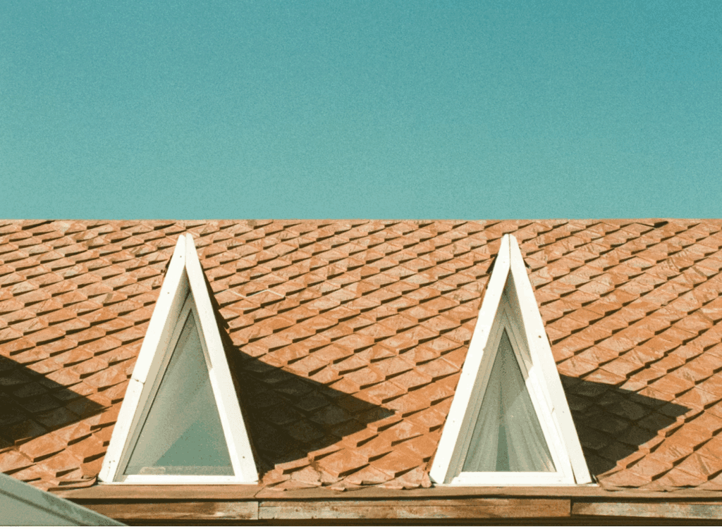 This photo shows close-up roof shingles intact under bright daylight