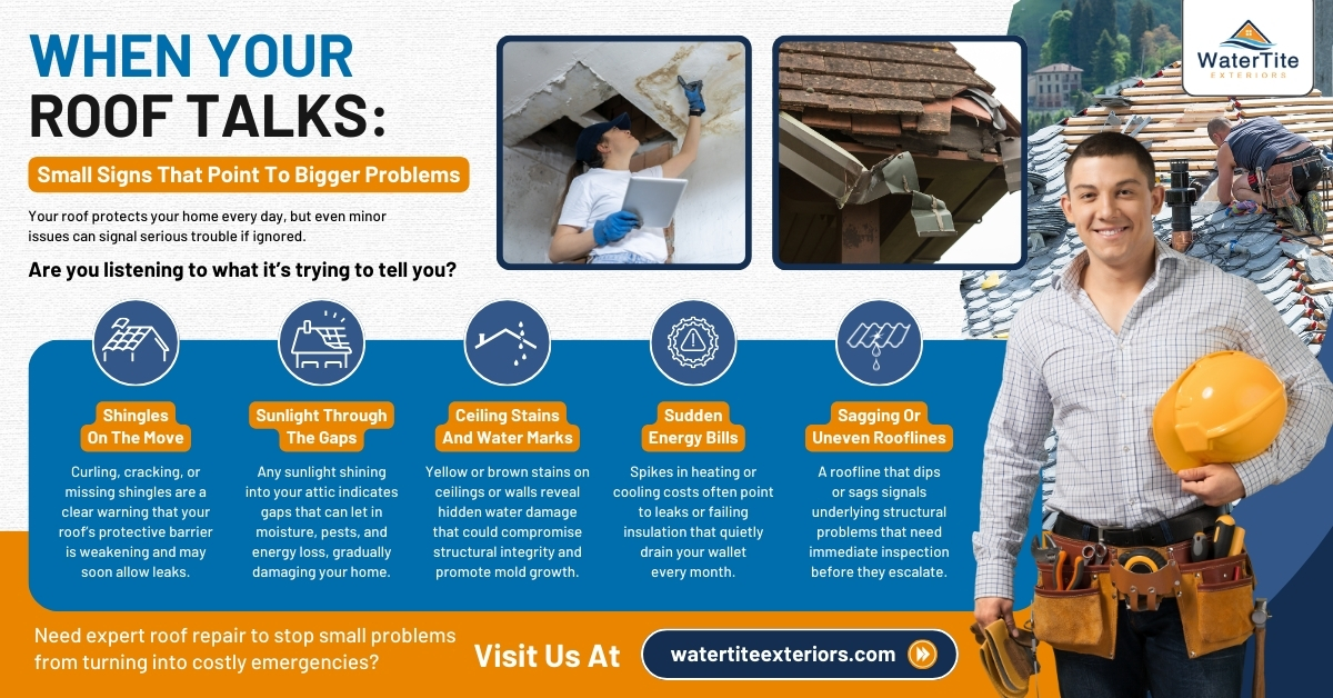 Infographic highlighting common roof repair warning signs, including curling shingles, ceiling stains, sagging rooflines, and sunlight gaps, helping homeowners identify early roof damage, prevent leaks, and maintain structural integrity before costly repairs are needed. 