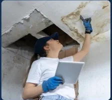 A worker wearing gloves and a cap inspects water damage on a ceiling while holding a tablet, with peeling paint and stains visible overhead.